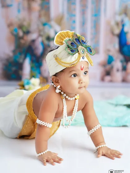 Little Krishna vibes and endless cuteness. This crawling pose captures the playful and divine spirit of a Janmashtami-themed baby shoot.