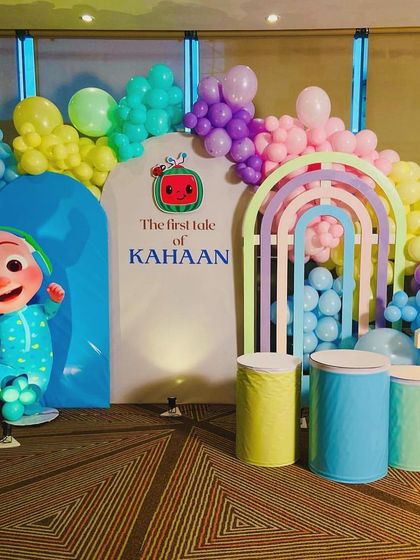 Another view of the pastel Cocomelon setup, with a different character cutout and a focus on the soft, pleasing color palette.