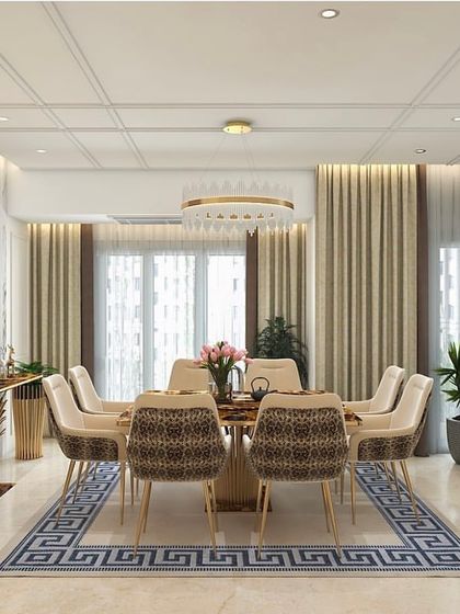 A Versace-themed dining room concept. The design features chairs with patterned upholstery, a Greek key-patterned rug, and a large, modern chandelier, all reflecting a luxurious aesthetic.
