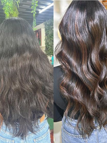 A beautiful balayage transformation that adds light and movement. The before-and-after comparison clearly shows the impact of well-placed, natural-looking highlights.