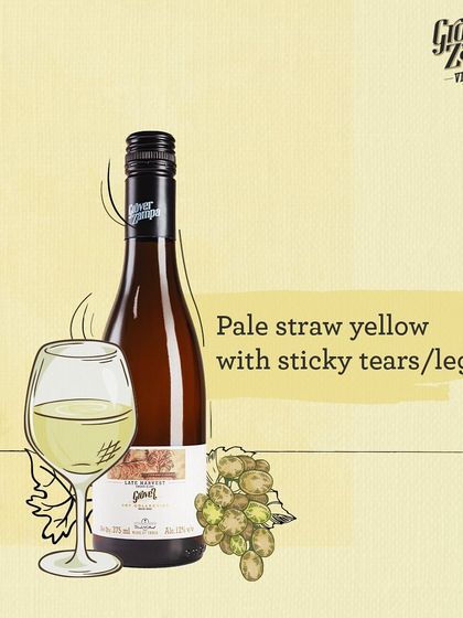 The Art Collection Late Harvest shows a pale straw yellow color with sticky tears or legs, indicating its sweetness and viscosity.