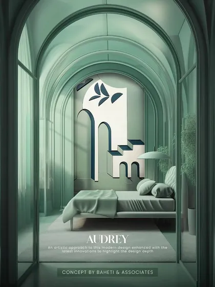 The 'Audrey' headboard is an artistic and modern design for a serene bedroom. The clean lines and minimalist botanical shapes create a sense of depth and innovation, turning the wall behind the bed into a piece of abstract art.