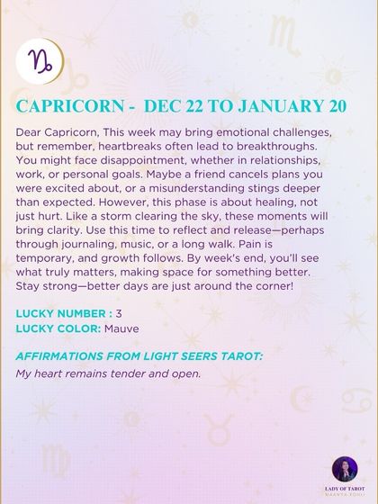 This weekly forecast for Capricorn may bring emotional challenges, but remember, heartbreaks often lead to breakthroughs. This phase is about healing, not just hurt.