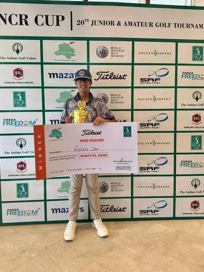 Rayirth Jain stands proudly with his winner's prize check at the prestigious WAGR event, the 20th NCR Cup, after competing against top junior talent.