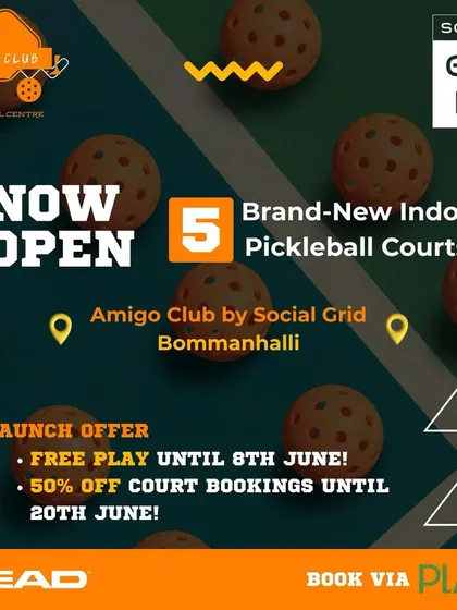 To celebrate the launch of my new Bommanahalli location, I created this announcement. It clearly lays out the details of the five new indoor pickleball courts and includes an exciting launch offer, making it easy for you to come and try them out at a discount.