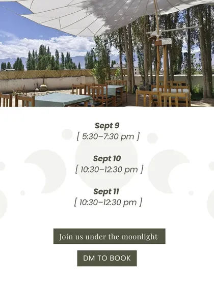 The details for our full moon gathering in Ladakh. The open-air setting allows us to practice under the vast sky, connecting with the powerful lunar energy and the serene mountain landscape.