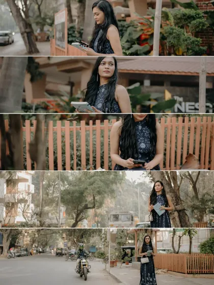 A film-strip style collage showing her waiting, and him arriving on a motorcycle. It builds a story of anticipation and the exciting start of their date.