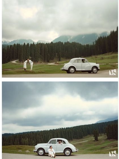 A diptych showcasing the stunning scale of the Kashmir landscape with a vintage car. These images have a classic, film-like quality that feels both grand and nostalgic.