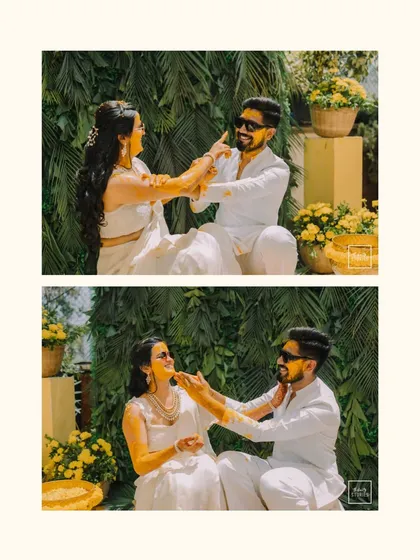 A diptych of the couple playfully applying Haldi to each other. These candid shots are full of laughter and love, showcasing the fun side of their relationship.