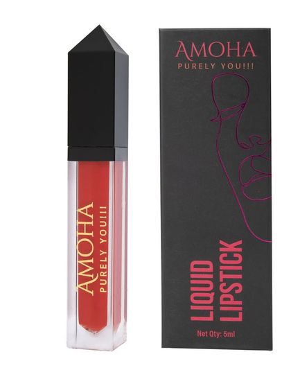 The red-orange 'Amoha' lipstick next to its box, isolated on white.