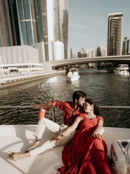 A romantic moment on a yacht, capturing the luxury and beauty of a Dubai destination shoot.