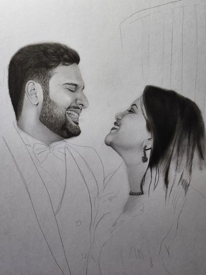 A work-in-progress shot showing the initial rendering of the couple's faces before the background and clothing details are added.