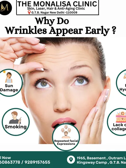 Wondering why wrinkles can appear early? This graphic points to common culprits like sun damage, poor hydration, smoking, and repeated facial expressions that accelerate skin aging.