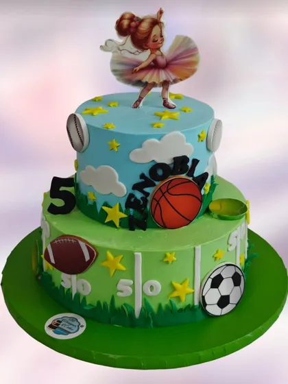 A unique dual-theme cake for a 5-year-old girl who loves both ballet and sports. The cake combines a graceful ballerina with various sports balls like basketball and football.