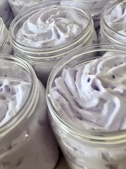 A jar of my calming Lavender whipped soap, swirled to perfection for a spa-like nighttime ritual.