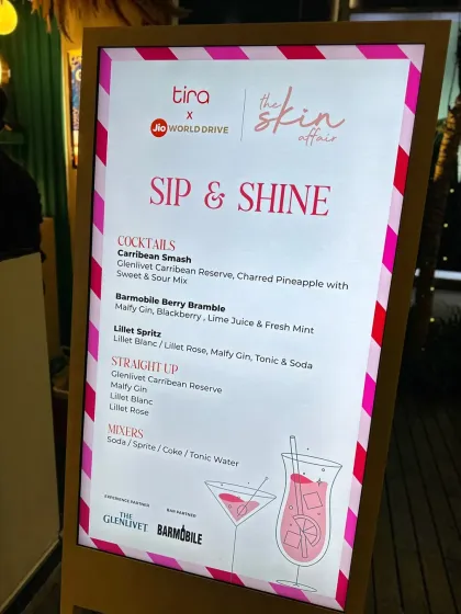 This was the custom cocktail menu I designed for 'The Skin Affair', a high-profile event by Tira Beauty at Jio World Drive. We created specific drinks like the Barmobile Berry Bramble to match the event's vibe. This is how I translate a brand's identity into a tangible bar experience.