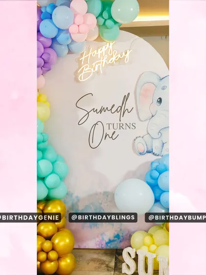 A close-up of the pastel elephant theme, highlighting the "Happy Birthday" neon sign and the custom name and age on the backdrop.