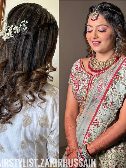 A collage showing different pre-wedding looks, including a soft half-up style for a Mehendi.