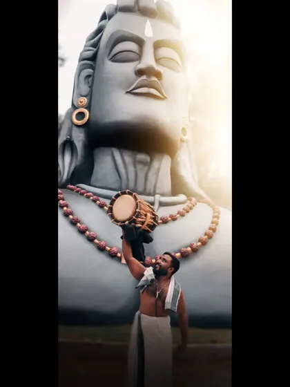 A powerful image of an artist with his Chenda before the Adiyogi statue, symbolizing our deep connection to Lord Shiva, our namesake Mahadeva.