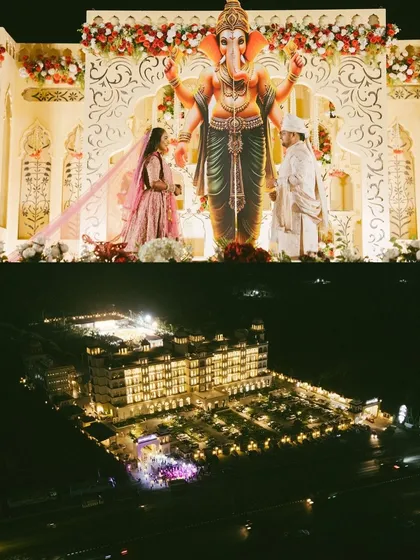 The scale of love and celebration. We capture not just the couple, but the entire magnificent atmosphere of the day, from the impressive drone shot of the illuminated palace venue to the sacred moments under the gaze of Lord Ganesha.