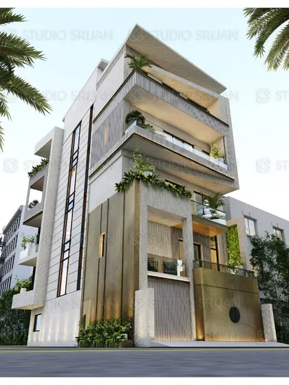 A corner view of a 167 sq. yard home in Kohat Enclave, featuring a bold, metallic-finish gate and lower facade. This creates a powerful, grounded base for the lighter structure above.