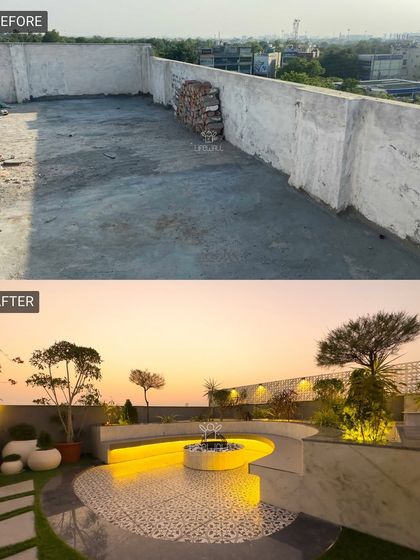 This empty, walled-in space is now a breathtaking sunset point. We designed a curved fire pit area with built-in seating and patterned tiles, surrounded by lush planters and soft lighting.