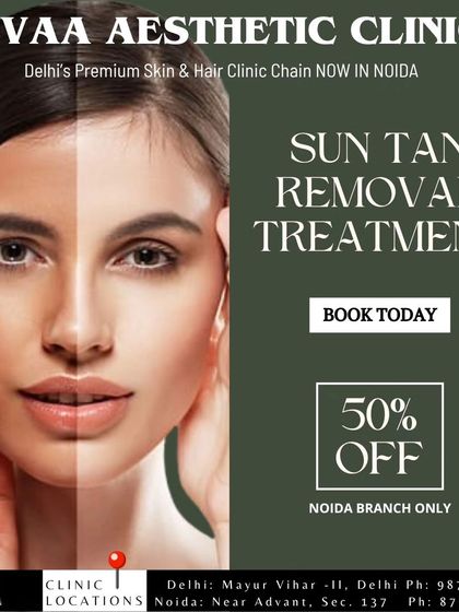 Our Sun Tan Removal Treatment effectively reverses sun damage and restores your natural skin tone. This graphic highlights a special offer for this service.