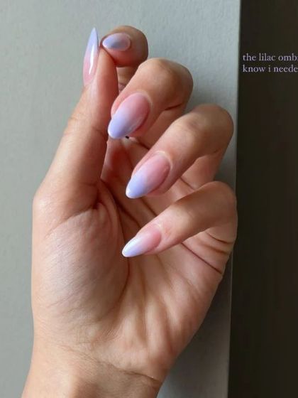 A trendy and soft lilac ombre, blending from a natural sheer base to a beautiful pastel purple at the tips.