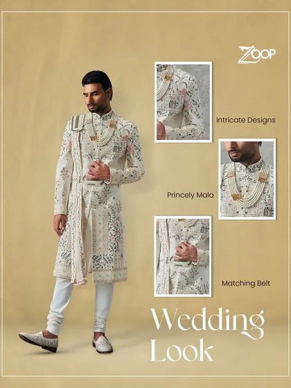 This regal sherwani is the epitome of wedding grandeur. I designed it with intricate embroidery, a complementing princely mala, and a matching belt to create a complete, majestic look for a groom's most important day.