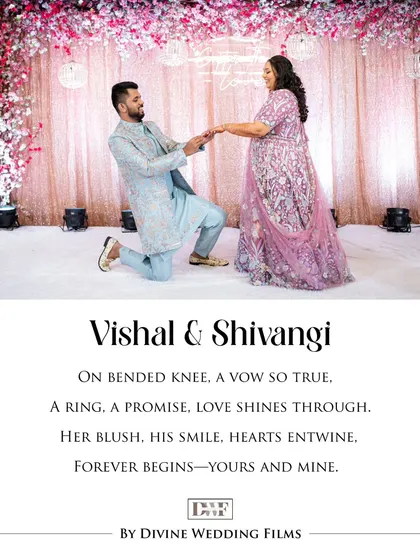 "On bended knee, a vow so true." This branded image captures the classic proposal moment during Vishal and Shivangi's engagement ceremony.