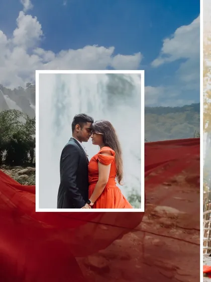 A collage featuring a close-up of the couple in front of a waterfall. The design emphasizes their connection while being surrounded by the beauty of nature.