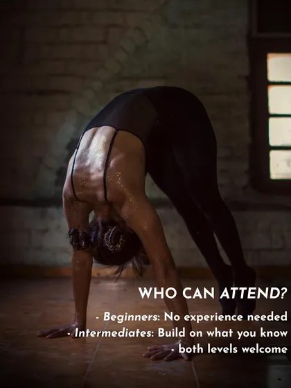 Who can attend our Animal Flow workshop? This graphic makes it clear: beginners need no experience, and intermediates can build on what they know. All levels are welcome.