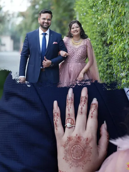 A creative shot combining an outdoor couple portrait with a close-up of the bride's hand showing her engagement ring and henna.