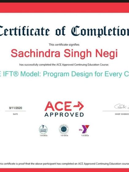 My ACE IFT Model certification, which focuses on designing personalized fitness programs for every type of client.