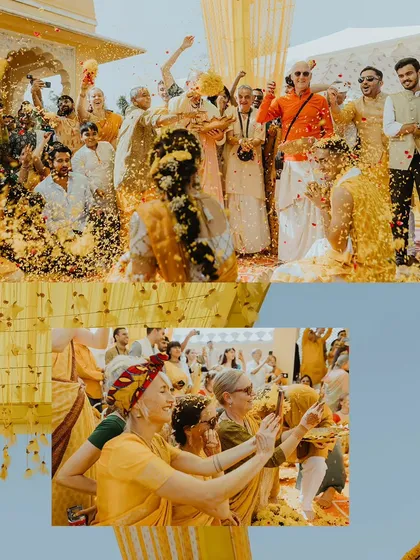 A collage showing the international guests enjoying the vibrant Indian Haldi ceremony, showering the couple with flower petals.