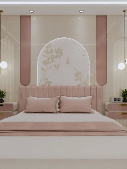 A bedroom with a soft pink theme, featuring arched wall panels and a tufted headboard.