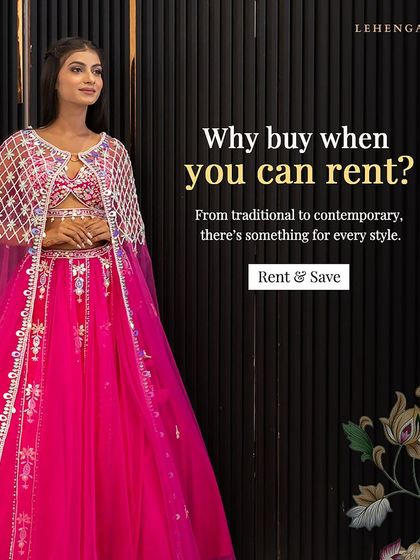 Why buy when you can rent? This vibrant pink lehenga with a netted cape is a fun and festive choice for a Mehendi or Sangeet party.