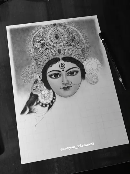 This is the halfway point. The face and crown are detailed, while the rest of the body is still a blank canvas, showing the foundational structure of the drawing.