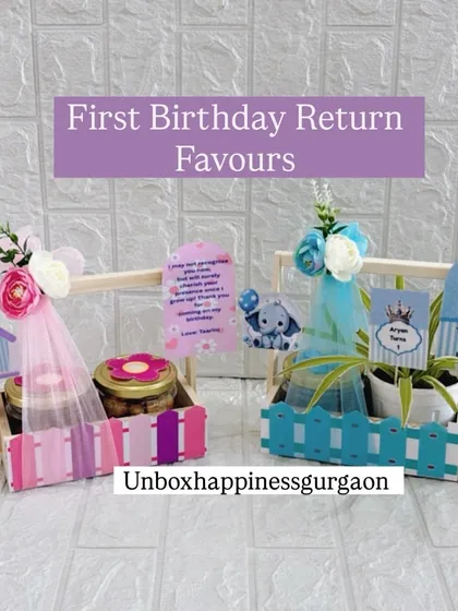 A side-by-side view of my pink and blue first birthday return favors, showing how I can customize the theme and colors for both boys and girls.
