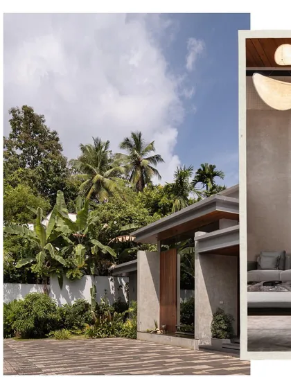The exterior of 'Tropis' is characterized by clean geometric forms and a strong connection to its verdant, palm-filled surroundings.