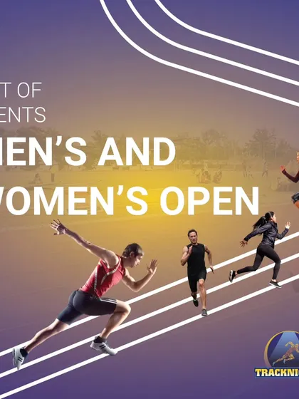 Announcing the Men's and Women's Open categories for TrackNights. This graphic illustrates the dynamic energy of the event, inviting athletes to compete across various disciplines.