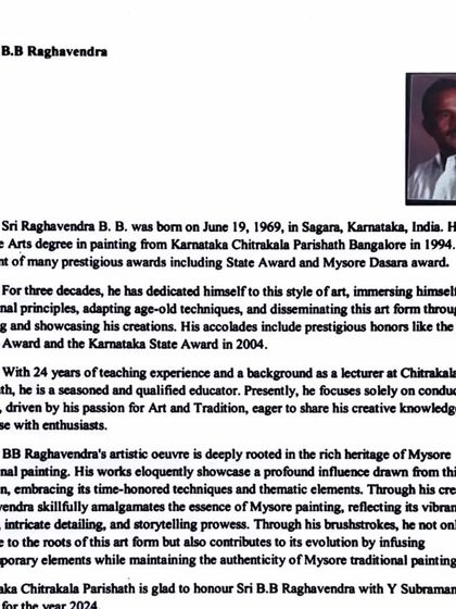 A short biography detailing my journey as an artist. From earning my Fine Arts degree to receiving prestigious awards, my life has been dedicated to mastering and teaching Mysore painting.