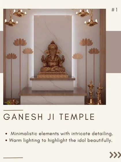 In this Ganesh Ji temple design, I combined minimalist elements with intricate details. The space features a backlit marble-finish panel and is accented with golden lotus motifs and traditional diyas to create a warm, inviting, and sacred atmosphere.
