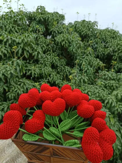 A close-up of the basket of heart flowers.
