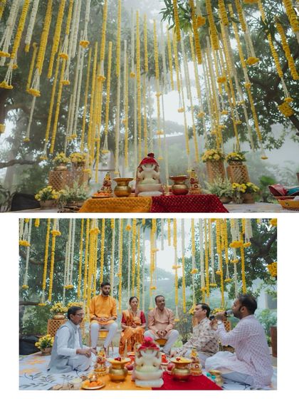 A collage showing the traditional Haldi pooja taking place under the stunning floral canopy.