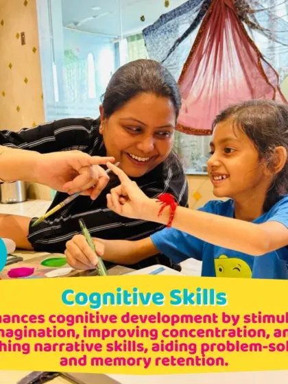 A mother and daughter share a laugh during a creative activity. Reading and art enhance cognitive skills by stimulating imagination and improving concentration.