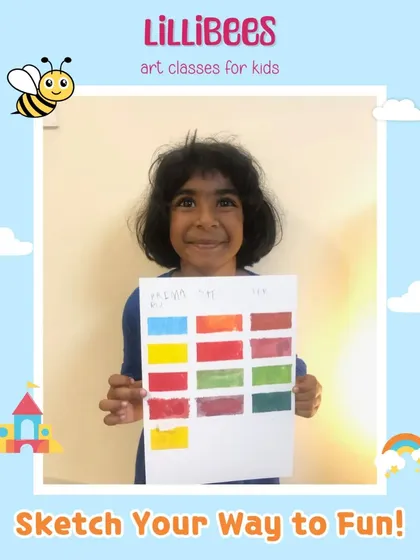 "Sketch Your Way to Fun." A student proudly displays her color chart, a fundamental exercise in our classes.