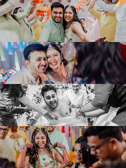 A collage of the most fun and messy moments from the Haldi ceremony, from playful fights to being drenched in turmeric and water.