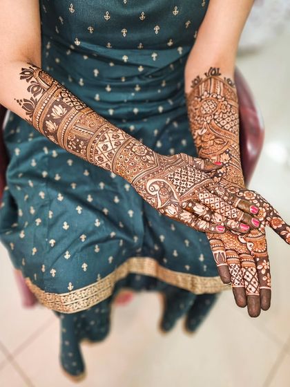 A beautiful bridal design featuring peacocks and other traditional motifs.