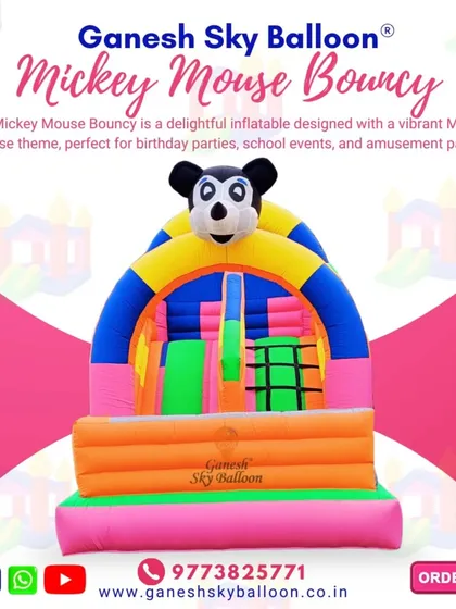 For smaller spaces or younger children, I offer this compact Mickey Mouse bouncy. It has a fun slide and climbing area, providing big fun in a smaller footprint.